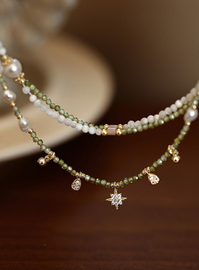 日本gentle motto橄榄绿锆石串珠巴洛克淡水珍珠项链女轻奢小众