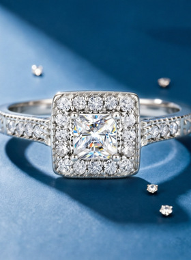 S925纯银莫桑钻戒指女士时尚设计方钻莫桑石套戒 Moissanite Ring