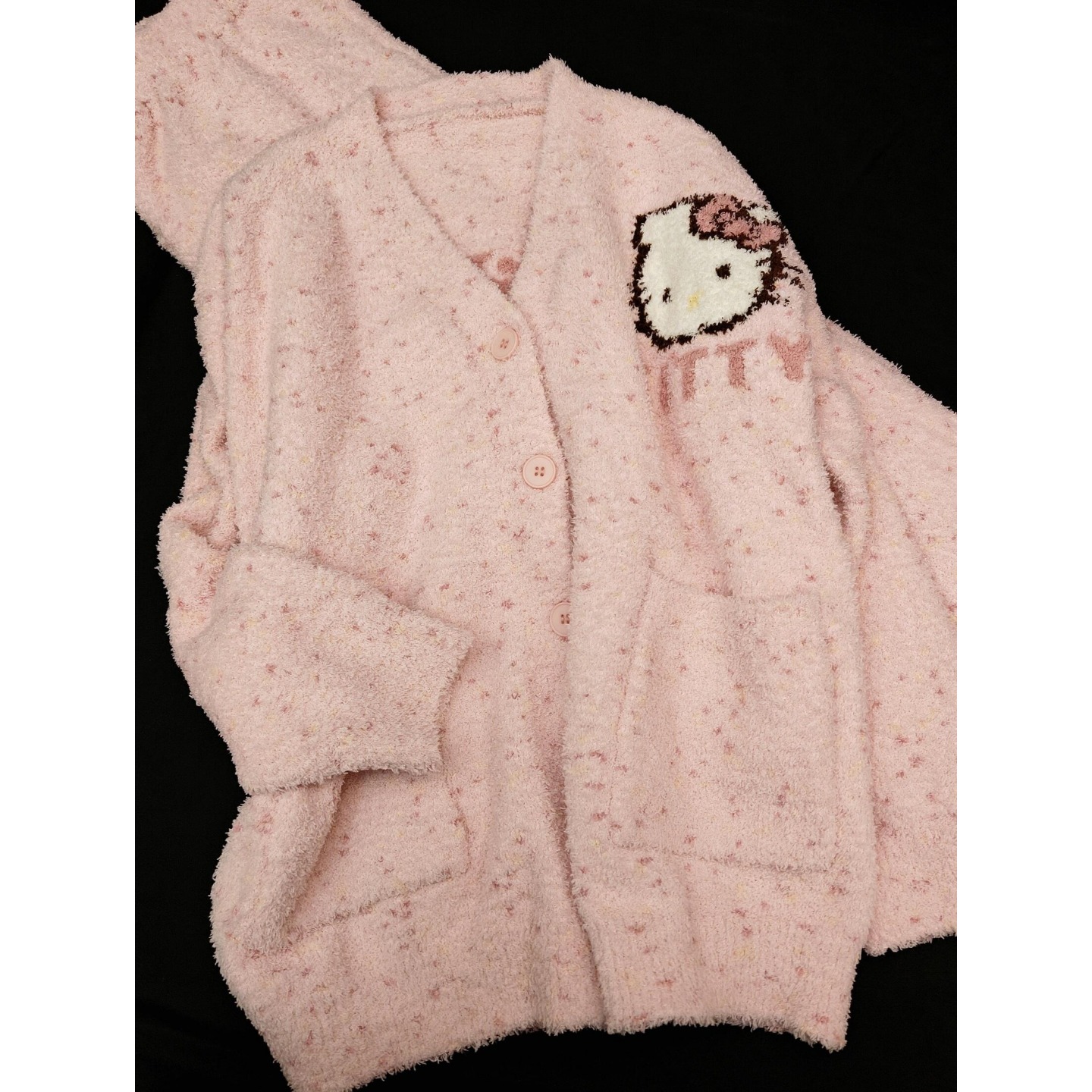 睡衣女半边绒可爱KT猫V领秋冬季2025新款甜美长袖口袋家居服套装 - 图2