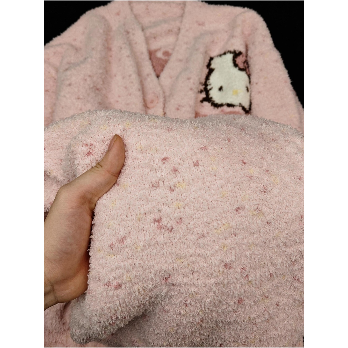 睡衣女半边绒可爱KT猫V领秋冬季2025新款甜美长袖口袋家居服套装 - 图0