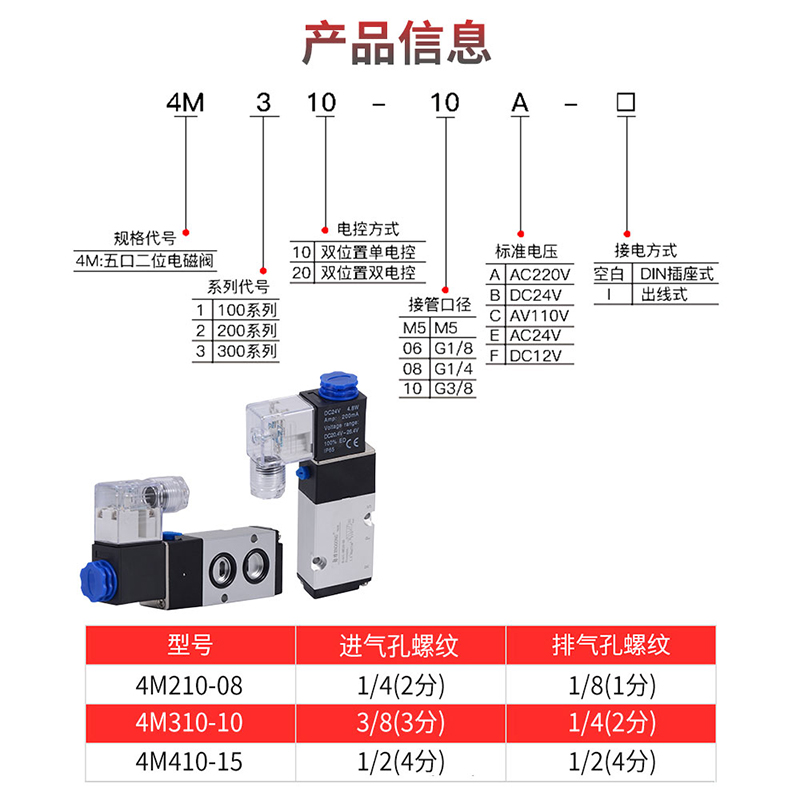 板式电磁阀4M21008亚德客型气缸换向阀4M310二位五通气阀24V - 图0