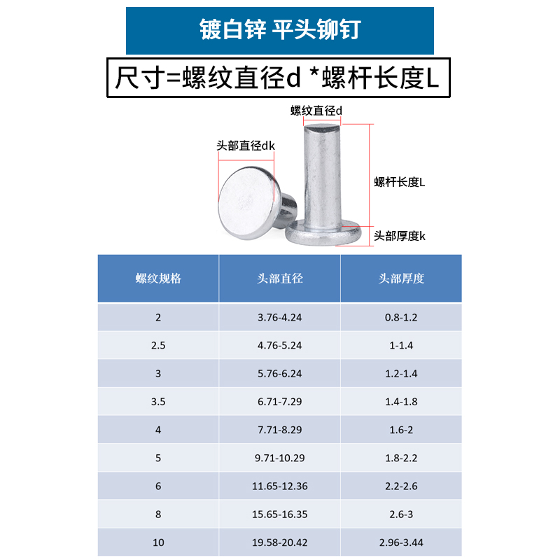 铁镀锌平头实心铆钉敲击式平帽卯丁柳丁GB109 M2M2.5M3M4M5M6 - 图1