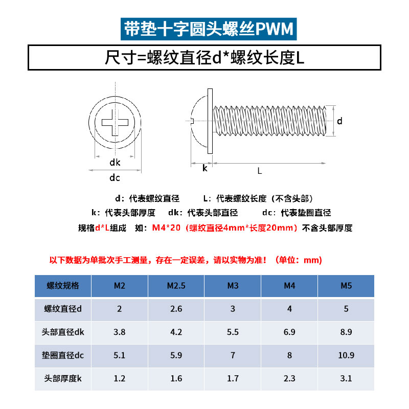 。黑色十字圆头带垫螺丝带垫螺钉盘头十字带垫螺丝M2M2.5M3M4M5L-图2