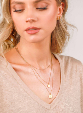 锤纹圆牌叠戴项链欧风钛钢极简