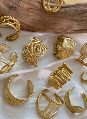 欧美ins风简约钛钢开口戒指PVD18k镀金不规则法式金属风复古指环