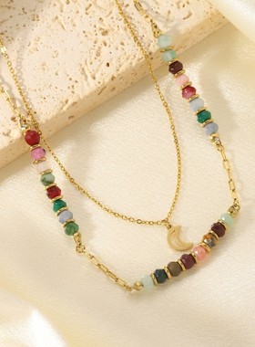 水晶天然石双层月牙吊坠手工串珠项链钛钢14K镀金锁骨链法式项链