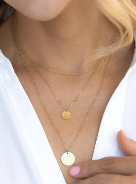 欧美法式多层叠带锤纹圆牌片项链钛钢18K镀金ins极简风叠戴锁骨链