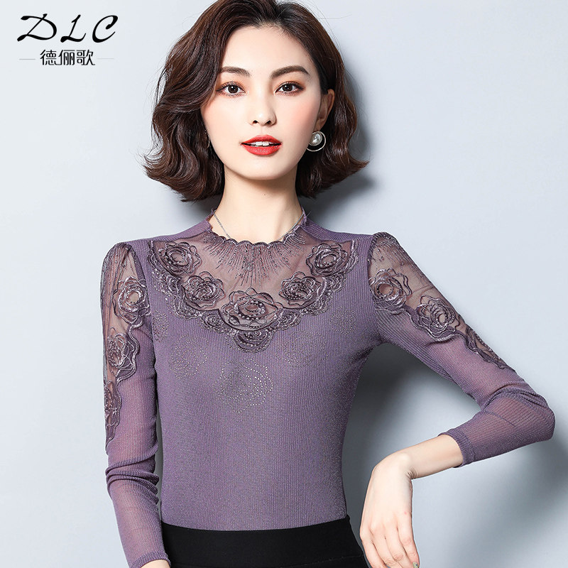 2022新款网纱春秋高领蕾丝打底衫 德俪歌蕾丝衫/雪纺衫