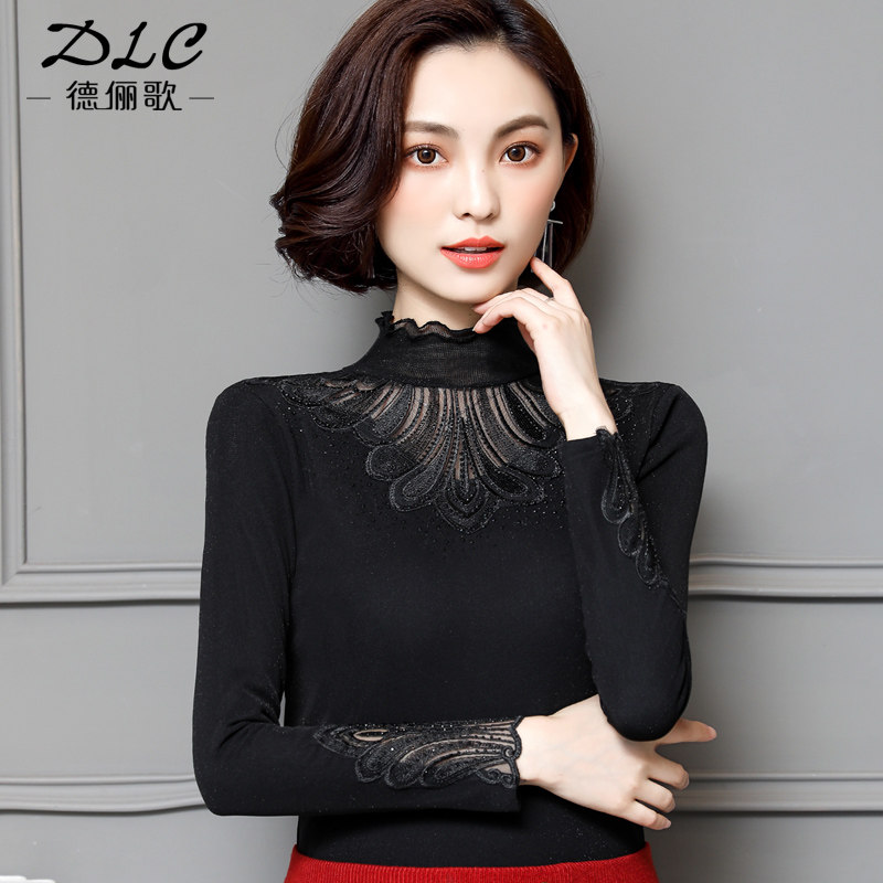 蕾丝秋冬百搭长袖加绒网纱黑色小衫 德俪歌蕾丝衫/雪纺衫