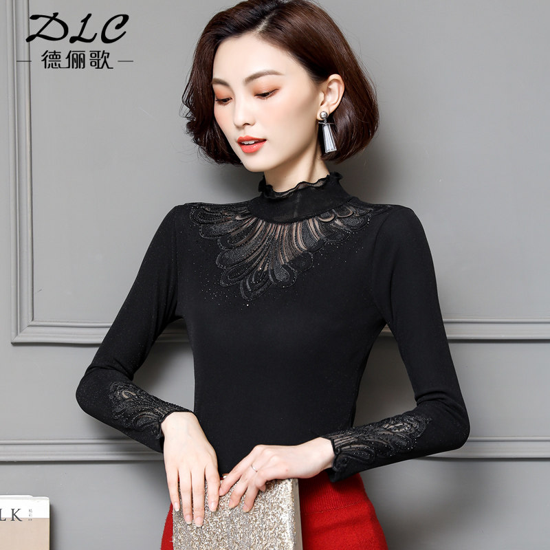 蕾丝秋冬百搭长袖加绒网纱黑色小衫 德俪歌蕾丝衫/雪纺衫