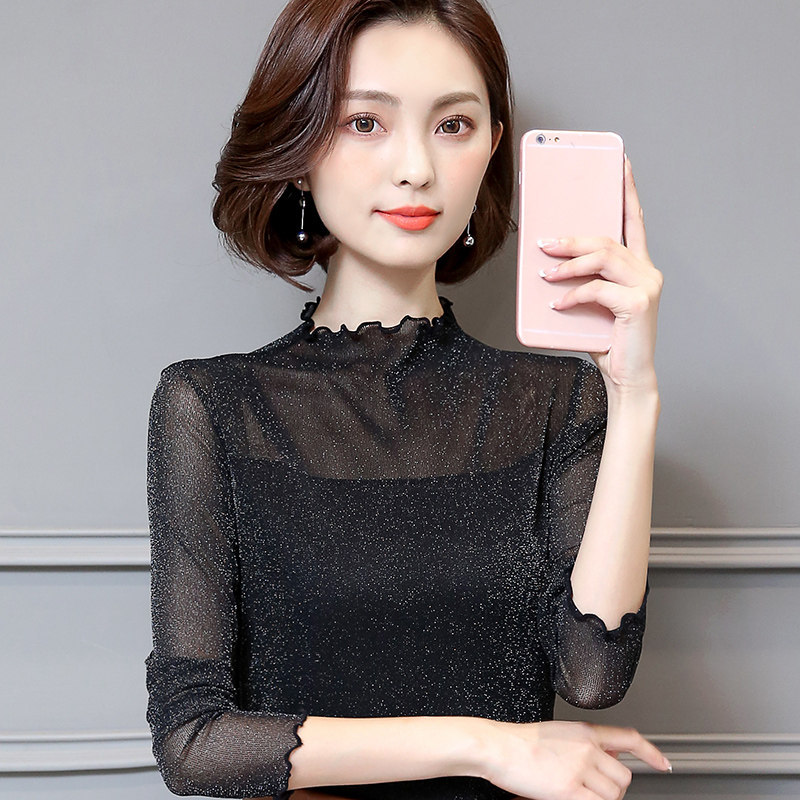 亮丝网纱秋冬百搭长袖性感潮打底衫 德俪歌T恤