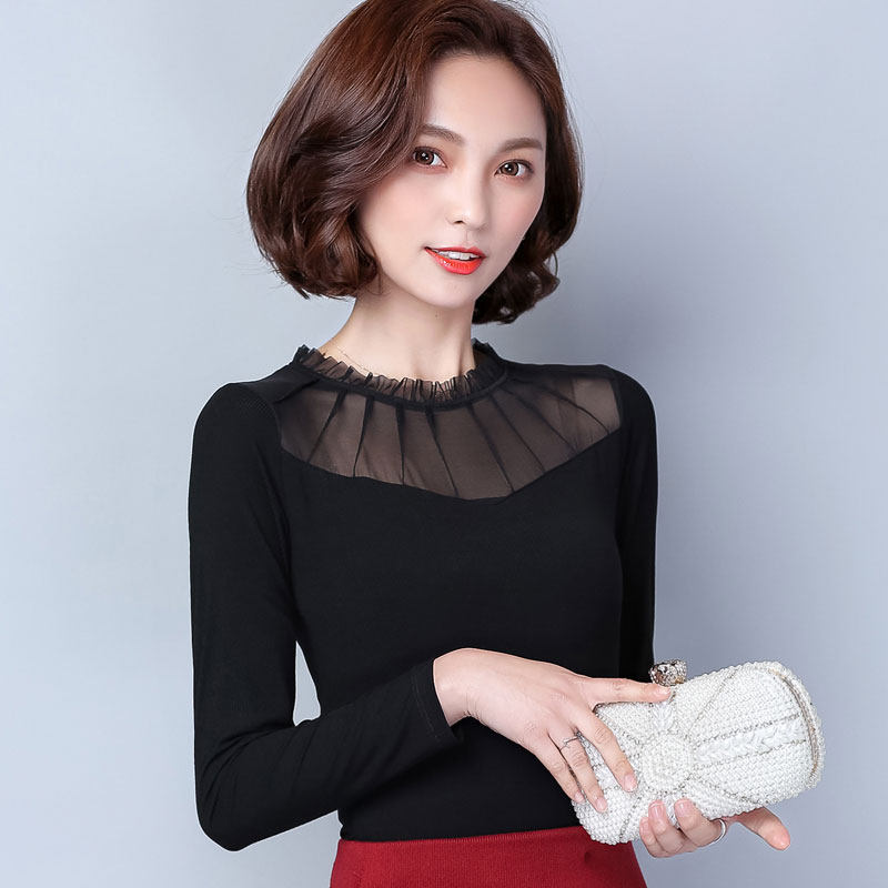 莫代尔半高领网纱蕾丝春秋百搭t恤 德俪歌T恤