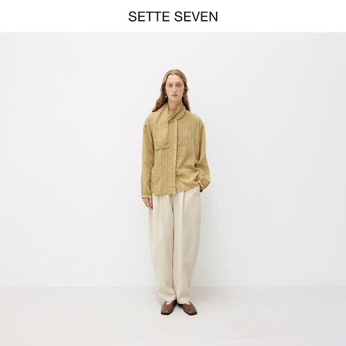 SETTE SEVEN法式复古飘带衬衫女秋季卡其色肌理感衬衣高级感上衣 - 图2