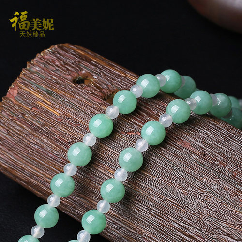 福美妮缅甸老坑冰糯种翡翠项链女款 阳绿冰白玉石圆珠链 a货珠串 - 图2