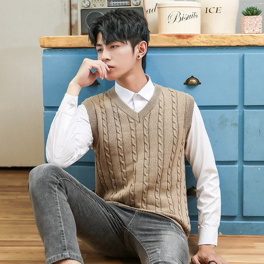 纯棉保暖背心男士毛衣马甲加绒加厚冬季针织坎肩毛线马夹爸爸外穿