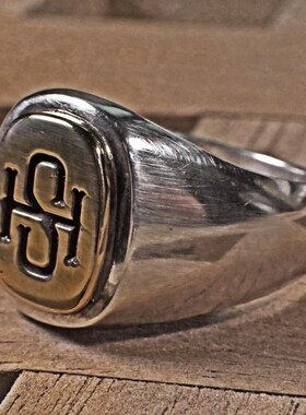 925纯银复古男戒字母刻字方圆