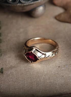 复古精灵雕刻天然红宝石纯银戒指