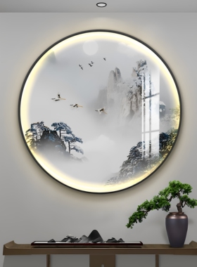 中古风茶室圆形l茶室灯画背景墙
