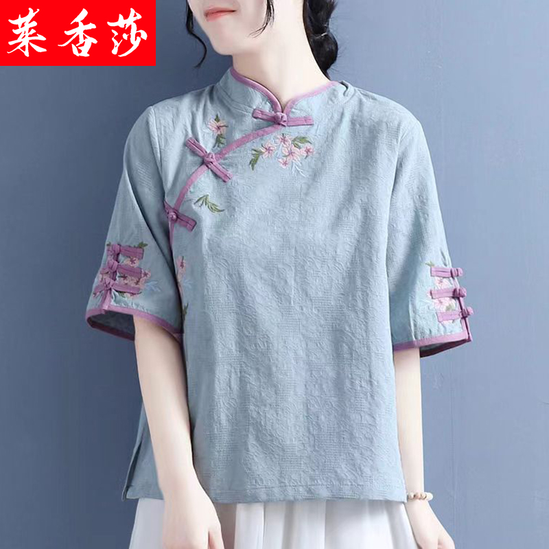 夏季中国风复古盘扣绣花棉麻汉服 莱香莎上衣