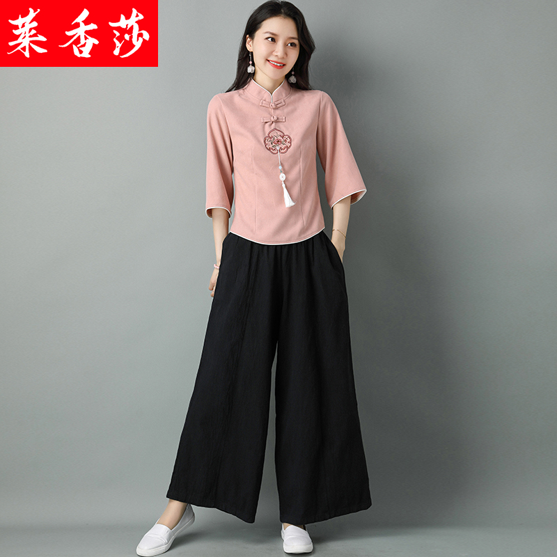 春夏季汉服女装中国风复古棉麻禅意茶服禅修服居士服中式唐装套装 - 图3