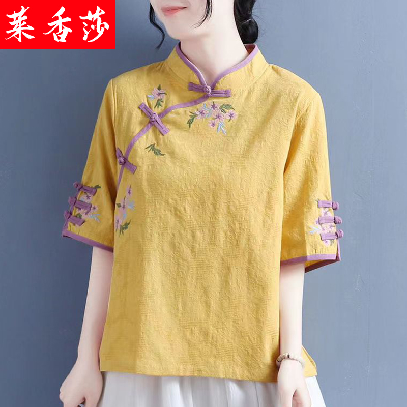 夏季中国风复古盘扣绣花棉麻汉服 莱香莎上衣