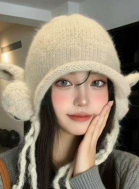 手工钩织冬季保暖护耳兔子帽女冬