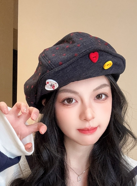 韩系蓝色报童画家帽女百搭显脸小