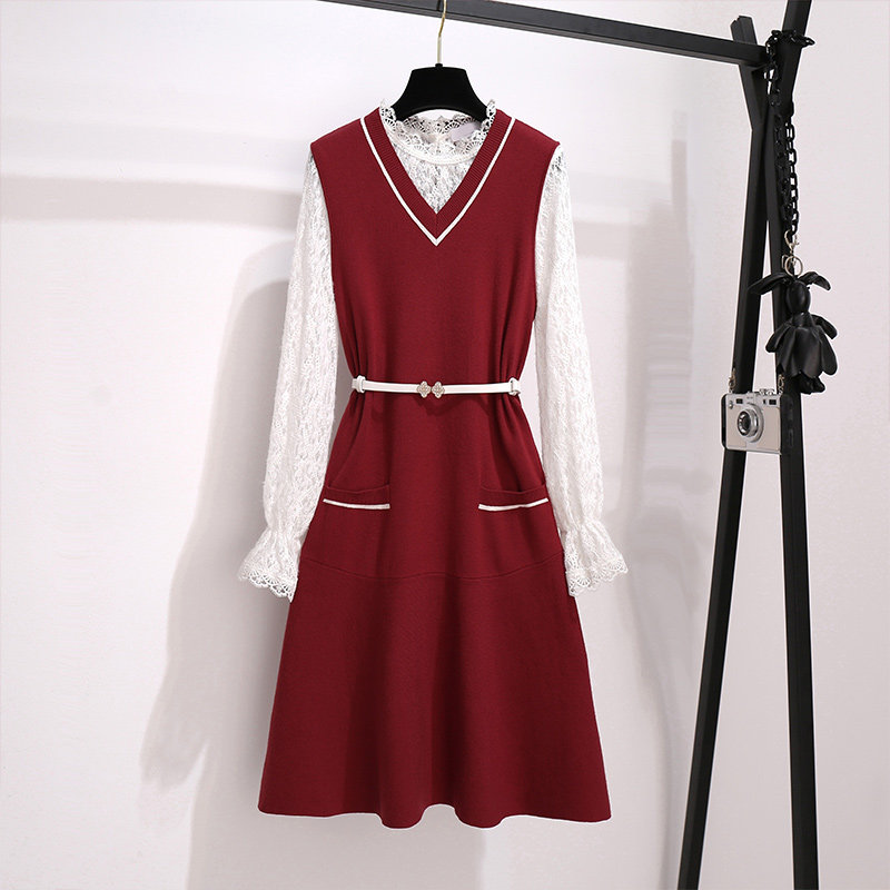 红色针织2020年秋冬新款高端连衣裙 盟蔻连衣裙