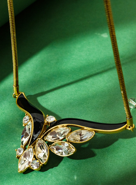 中古水晶珐琅羽翼翅膀项链锁骨链