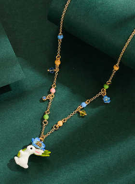 蓝色花朵兔子项链时尚