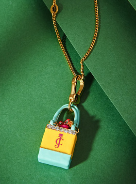 立体镶钻黄蓝拼色手提袋吊坠项链