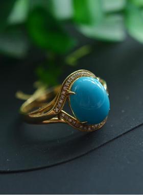 2021年美国松蓝松石睡美人镶嵌18K金南非真钻戒指优雅女款礼物