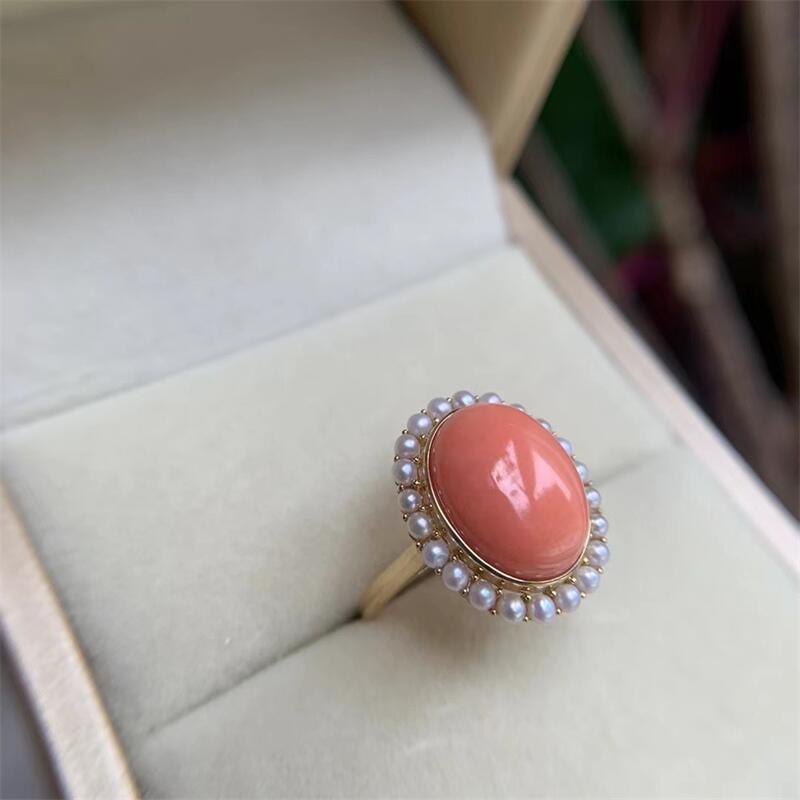 天然18k金莫莫momo珊瑚戒指原色momo有机宝石阿卡粉红颂 - 图1