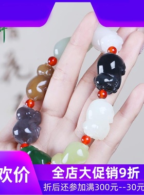 和田玉多宝生肖猪手串男女款玉石小猪手链白玉碧玉糖玉含证yzf