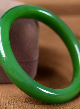 收藏级天然和田玉俄罗斯碧玉56.5圈口手镯老坑料满绿色细度过灯cs