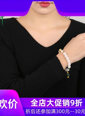 和田玉白玉黄金福猪手链女款18k金手串碧玉莲花玉石圆珠含证yzf