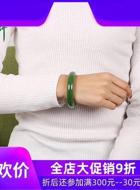 和田玉碧玉手镯女款玉镯子平安镯福镯宽条绿色玉石圆镯含证yzf