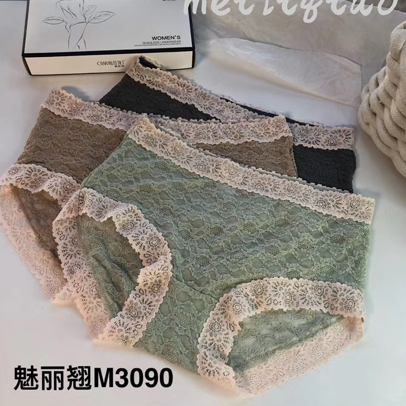 魅丽翘三条装全棉裆内裤女蕾丝性感魅惑中腰三角裤头夏季薄款透气 - 图0