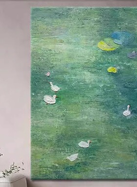绿色世界名画风景挂画抽象池塘肌理感背景墙壁莫奈睡莲客厅装饰画