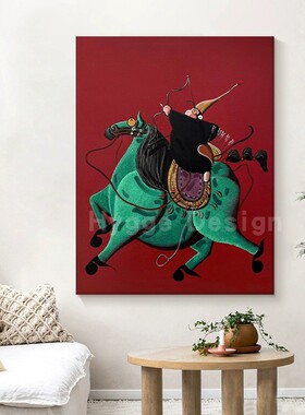 小众艺术装饰画高端猴子射箭客厅创意红色挂画沙发马上封侯背景画