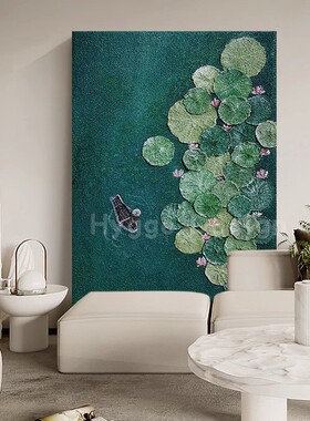 绿色荷叶荷花肌理感和和美美客餐厅装饰画玄关小船艺术高级感挂画