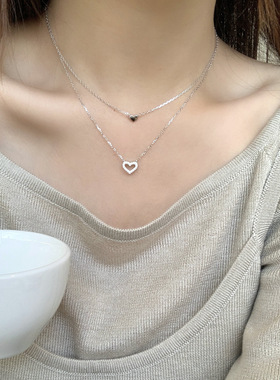 s925纯银双层爱心女项链锁骨链