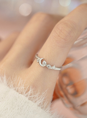 s925纯银星月相伴戒指女开口指环