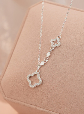 S925纯银小清新镂空四叶草项链女