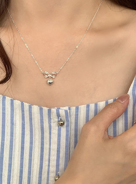 仙女风甜美蝴蝶结爱心项链女s925纯银韩版百搭小众高级感锁骨链