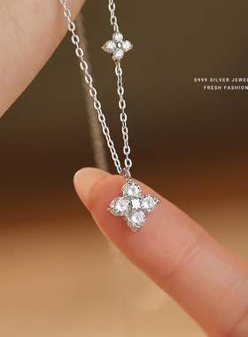 s999纯银四叶草项链女足银锁骨链