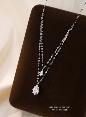S925纯银双层叠戴水滴项链女