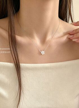 S925银镶锆石花朵项链女森系