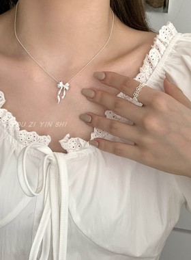 纯银蝴蝶结飘带项链女简约圆珠链