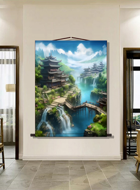 仙家堂口山水风景画流水生财小桥亭子无活物有山有水暗堂供奉挂画